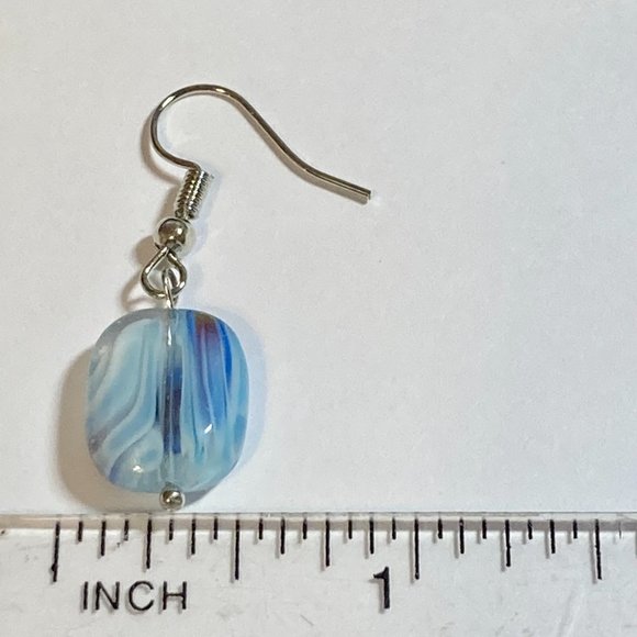 Murano Art Glass Swirl Bead Earrings Rectangle Blue White Silver Plated HandMade - Picture 5 of 7